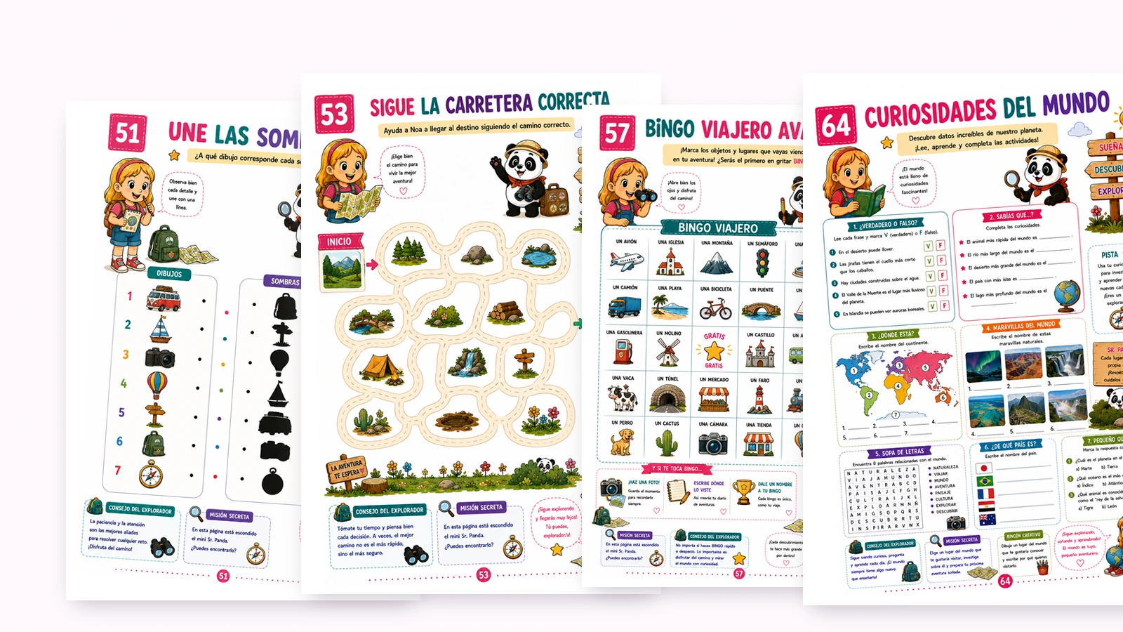 Páginas interiores reales del libro Actividades para viajar en coche por el mundo